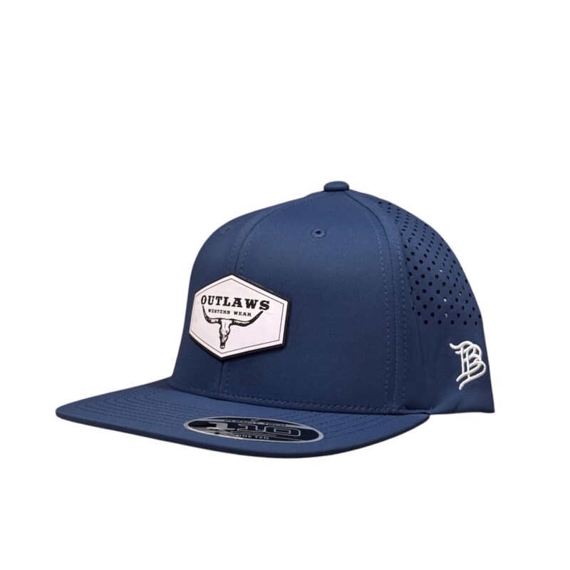 Outlaws Navy Flat Bill Performance Cap - Leather Classic Logo Patch Exclusive OBBLEA-15