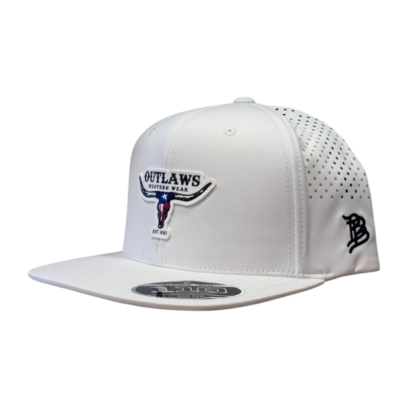 Outlaws Western Wear® White Flat Bill Performance Cap - PVC Texas Logo Patch Exclusive OBBPVC-18