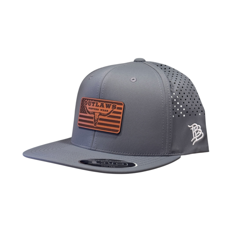 Outlaws Western Wear® Grey Flat Bill Performance Cap - Leather U.S.A. Flag Patch Exclusive OBBLEA-13