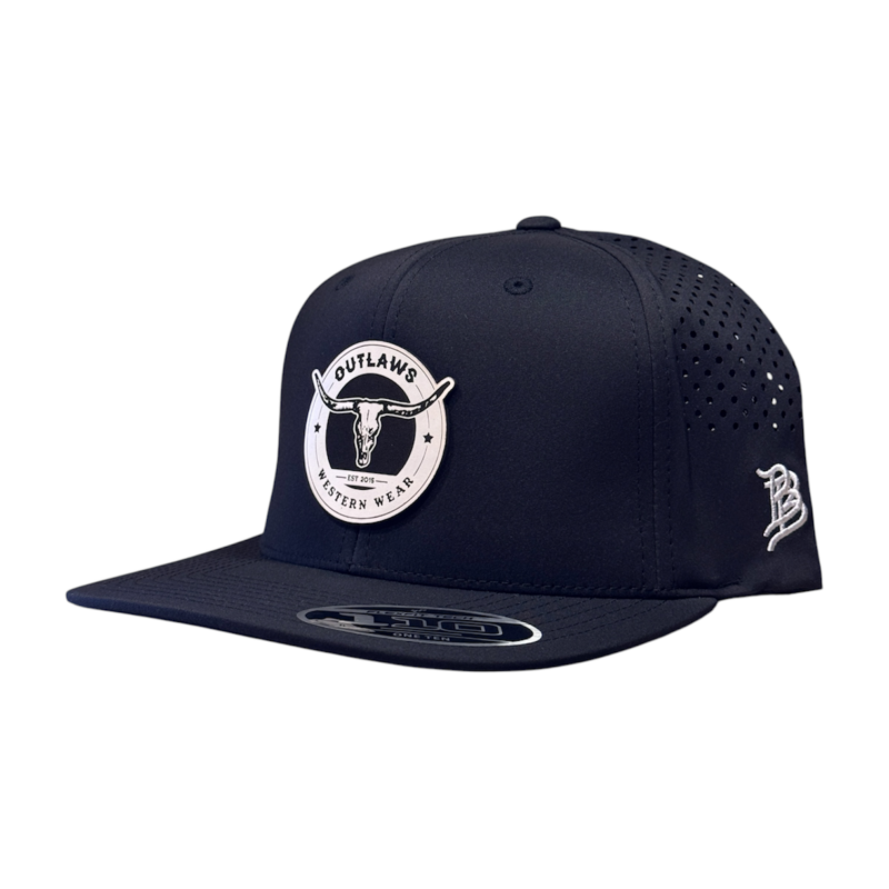 Outlaws Western Wear® Black Flat Bill Performance Cap - Leather Circle White Patch Exclusive OBBLEA-14