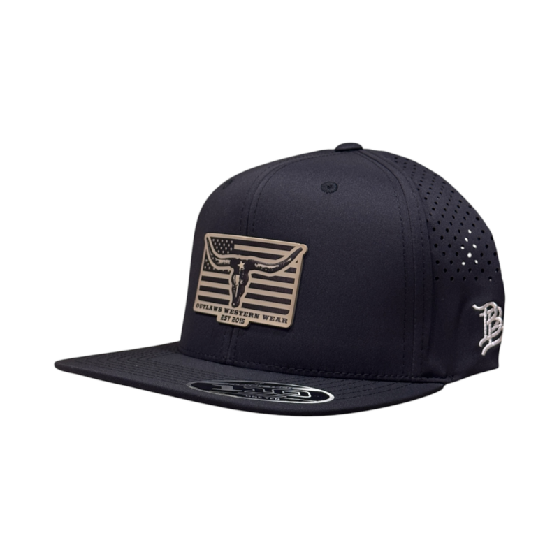 Outlaws Western Wear® Black Flat Bill Performance Cap - PVC U.S.A. Flag Patch Exclusive OBBPVC-12