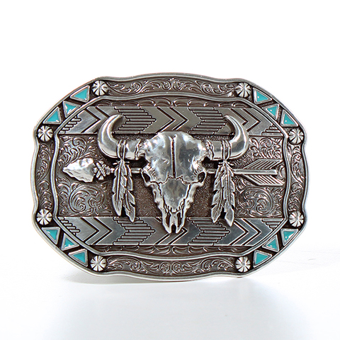 Nocona Rectangle Arrow Skull Feather Belt Buckle 37007
