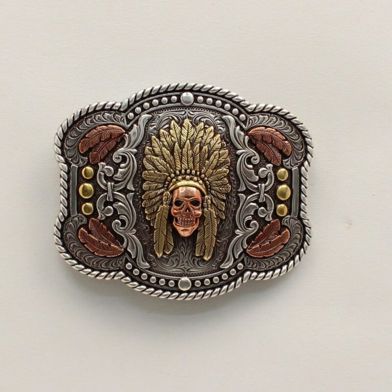 Nocona Rope Edge Feather Chief Skull Belt Buckle 37600