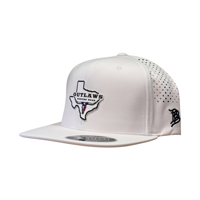Outlaws Western Wear® White Flat Bill Performance Cap - PVC Texas Map Patch Exclusive OBBPVC-09