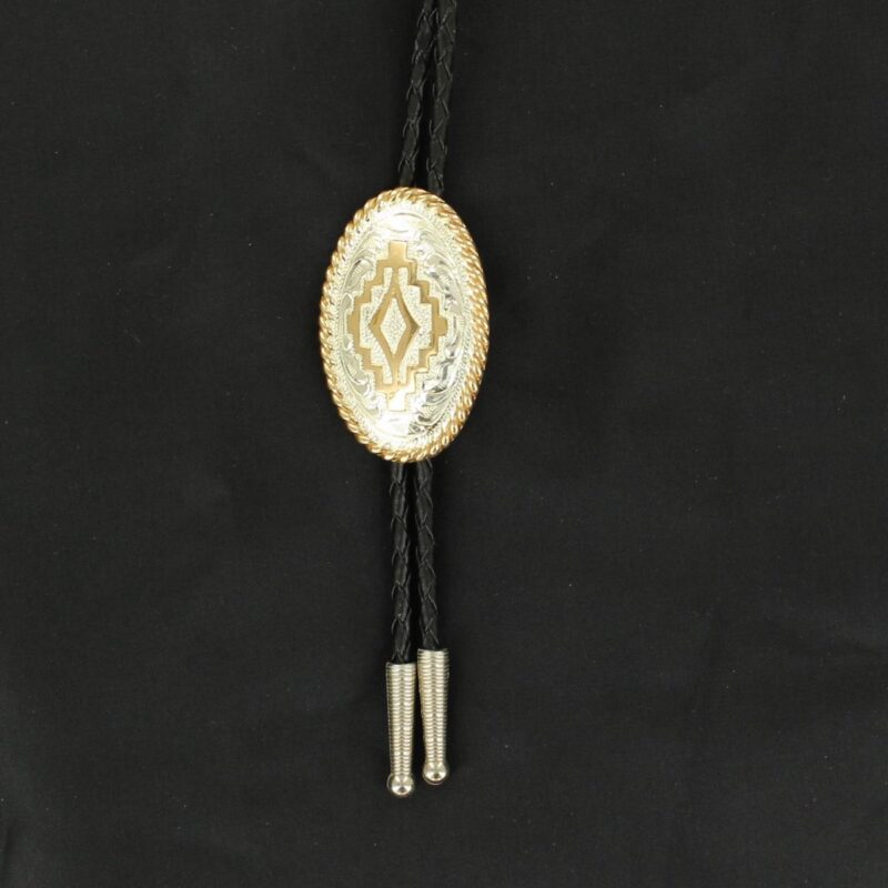 Shiny Silver/Shiny Gold  Oval Aztec Bolo Tie C10853