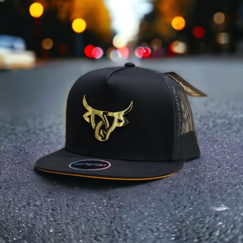 Lost Calf Flat Bill Metallic Gold Classic Logo Black Cap