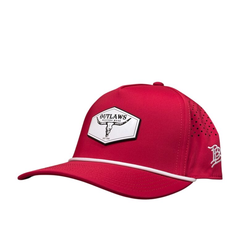Outlaws Western Wear® Red Curved Performance Cap – Leather Patch Exclusive OBBLEA-07