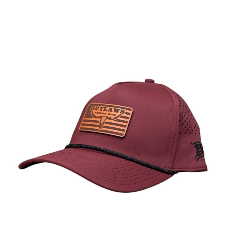 Outlaws Western Wear® Maroon Curved Perfomance Cap -  Leather U.S.A. Flag Patch Exclusive OBBLEA-03