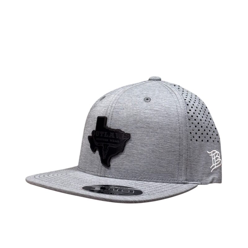 Outlaws Western Wear® Grey Flat Bill Performance Cap - Leather Black Texas Map Patch Exclusive OBBLEA-20