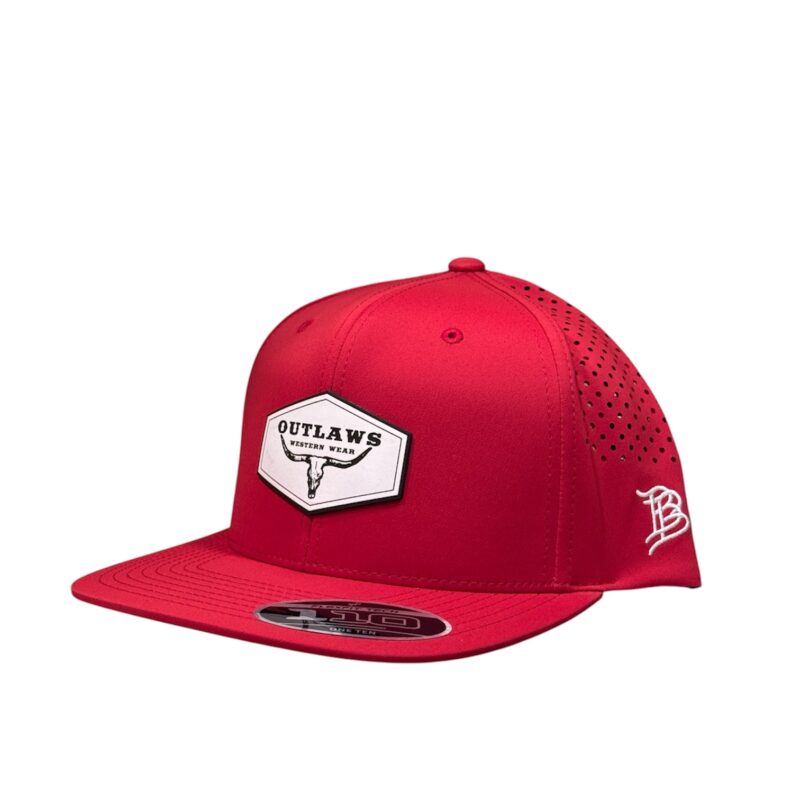 Outlaws Western Wear® Red Flat Bill Performance Cap - Leather Classic White Logo Patch Exclusive OBBLEA-21
