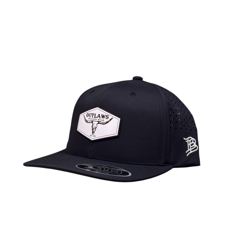 Outlaws Western Wear® Black Flat Bill Performance Cap - Leather Classic White Logo Patch Exclusive OBBLEA-22