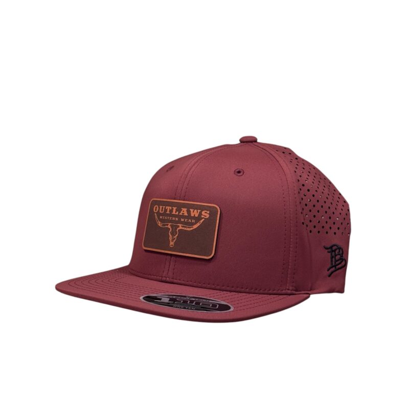 Outlaws Western Wear® Maroon Flat Bill Performance Cap - Leather Tan Classic Logo Patch Exclusive OBBLEA-23