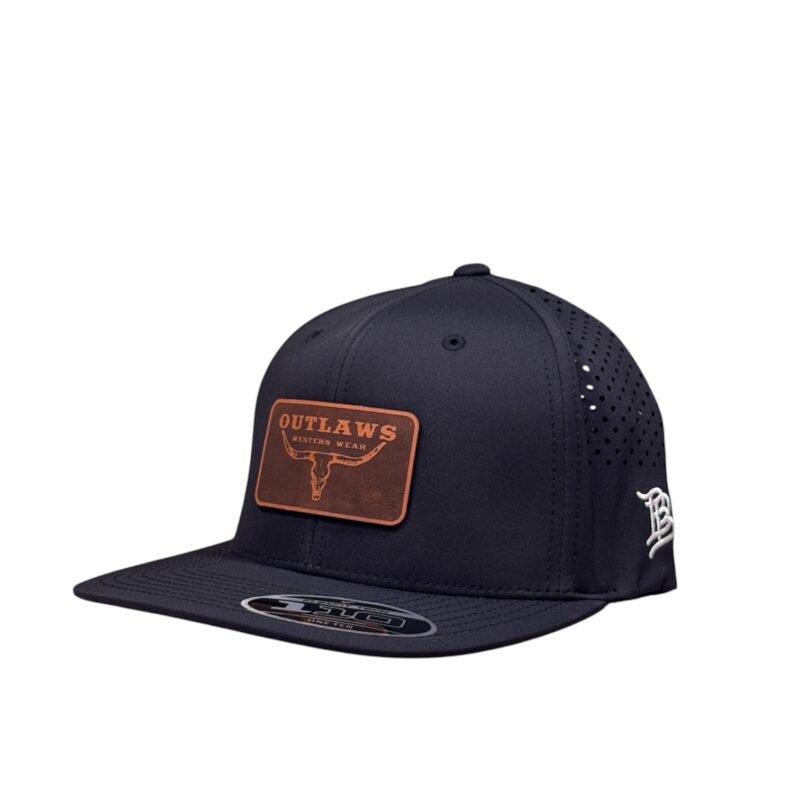Outlaws Western Wear® Black Flat Bill Performance Cap – Leather Tan Classic Logo Patch Exclusive OBBLEA-24