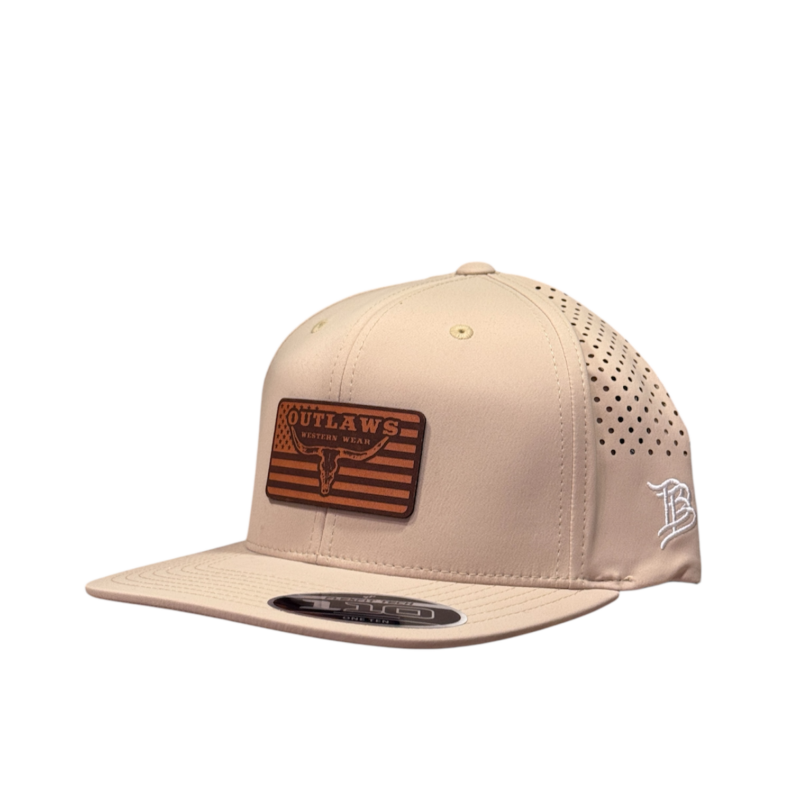 Outlaws Western Wear® Tan Flat Bill Performance Cap - Leather U.S.A. Flag Patch Exclusive OBBLEA-25