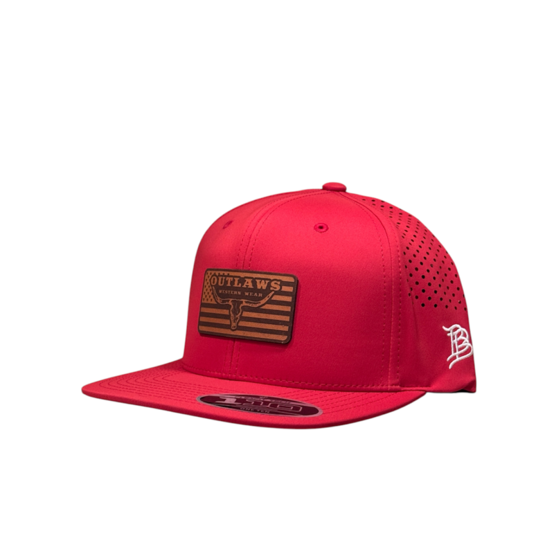 Outlaws Western Wear® Red Flat Bill Performance Cap – Leather U.S.A. Flag Patch Exclusive OBBLEA-26