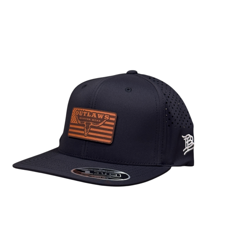 Outlaws Western Wear® Black Flat Bill Performance Cap – Leather U.S.A. Flag Patch Exclusive OBBLEA-27