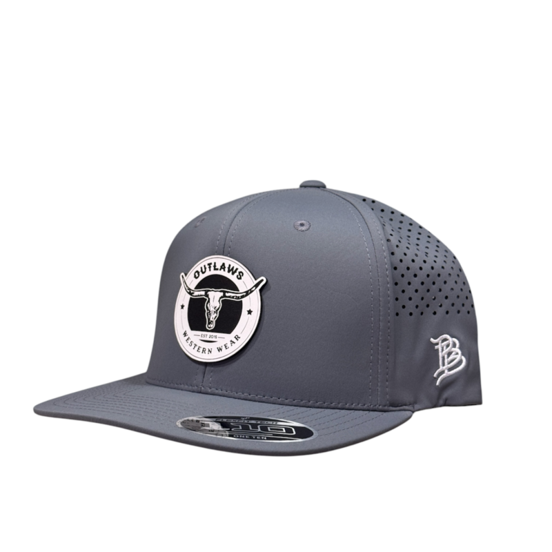 Outlaws Western Wear® Grey Flat Bill Performance Cap – Leather Circle Patch Exclusive OBBLEA-29