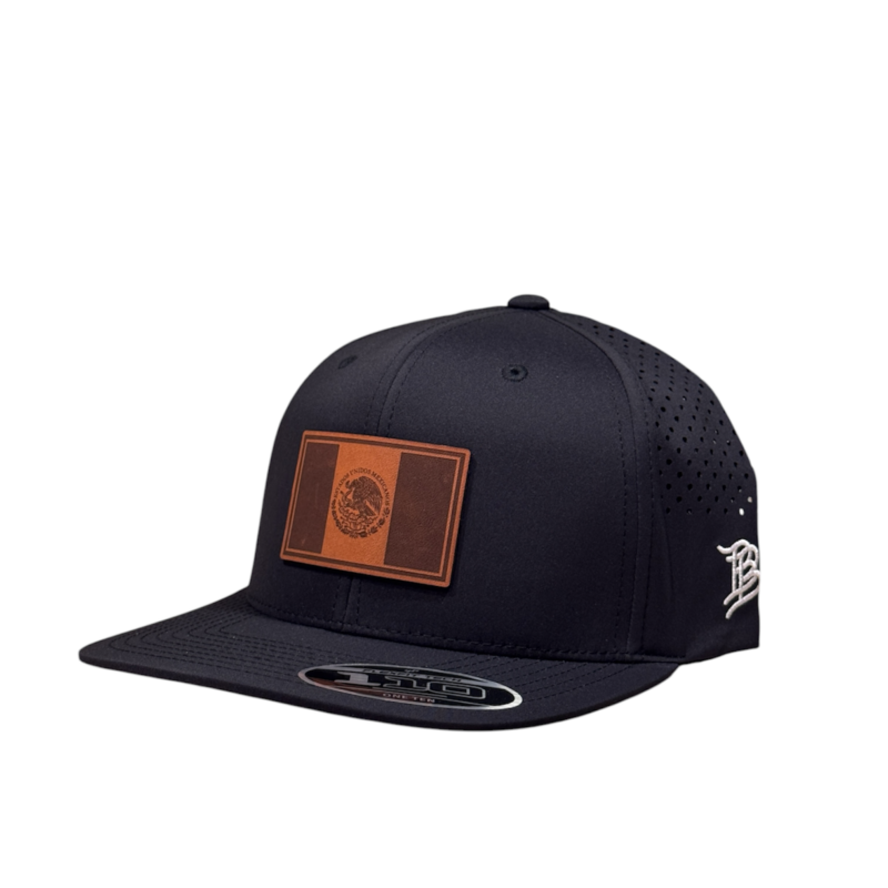 Black Flat Bill Performance Cap - Leather Mexico Flag OBBMEX01