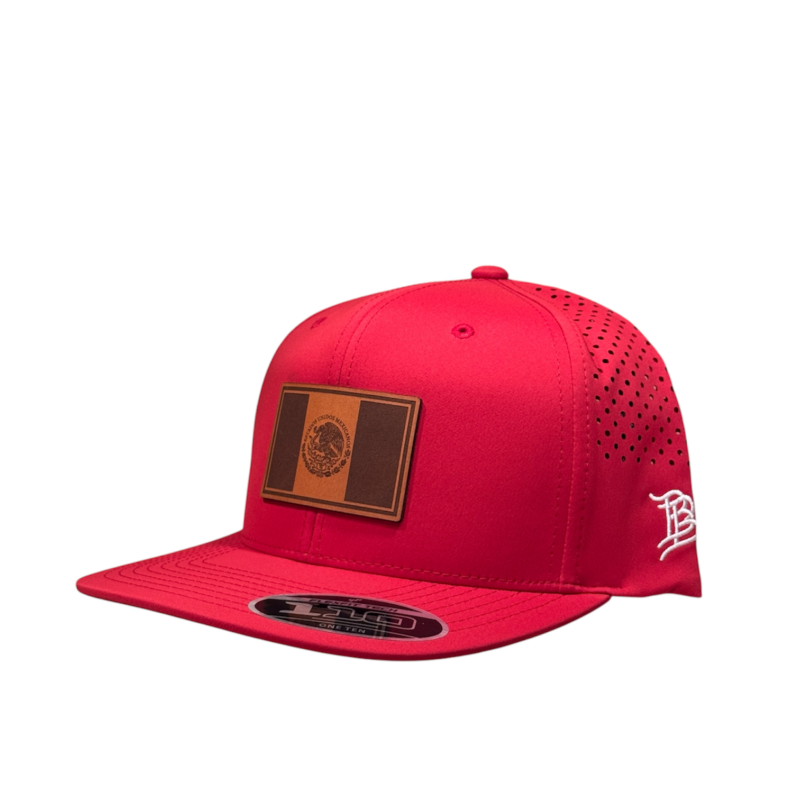 Red Flat Bill Performance Cap – Leather Mexico Flag OBBMEX02