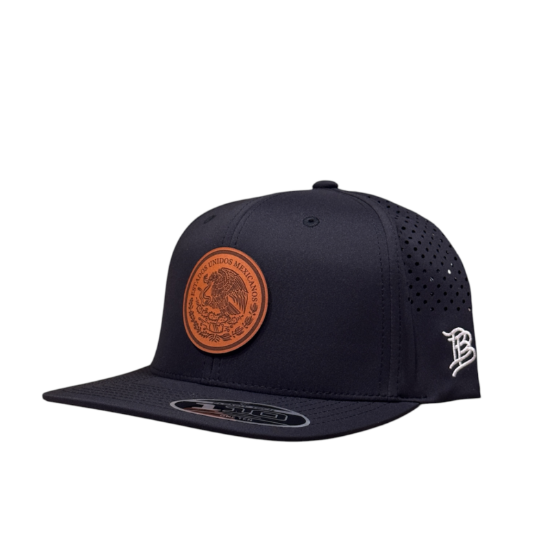 Black Flat Bill Performance Cap – Leather Mexico Seal OBBMEX03