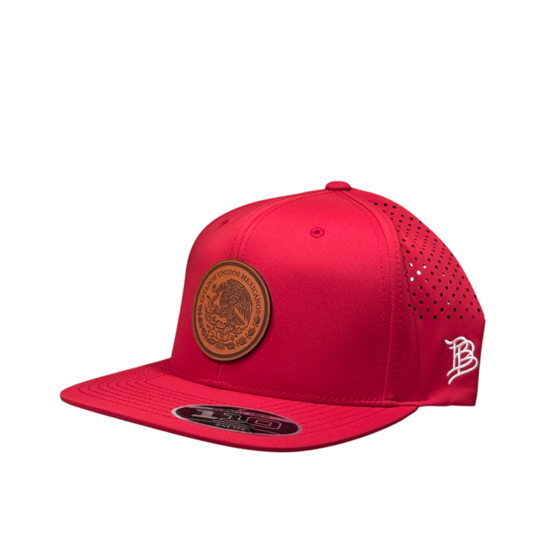Red Flat Bill Performance Cap – Leather Mexico Seal OBBMEX04