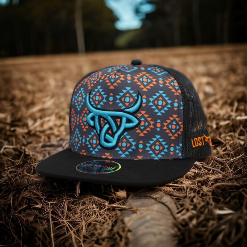 Lost Calf Flat Bill Black/ Blue w/Multicolor Southwest Print Cap