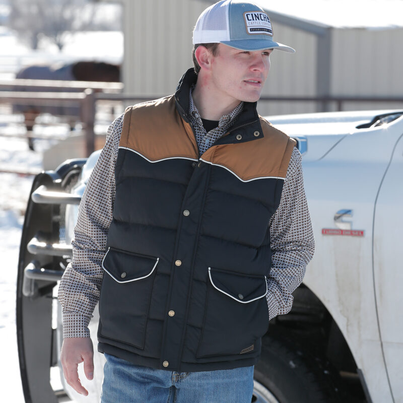Men's Cinch Black & Brown Retro Snap Button Quilted Vest MWV1578002
