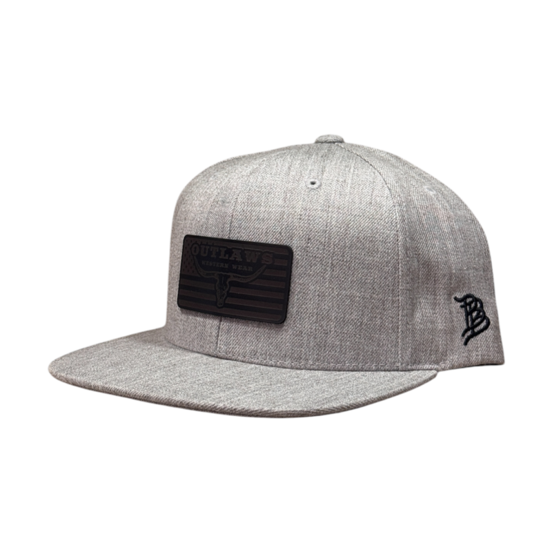 Outlaws Western Wear® Grey Flat Bill Cap - Leather Black U.S.A. Patch Exclusive OBBLEA-31