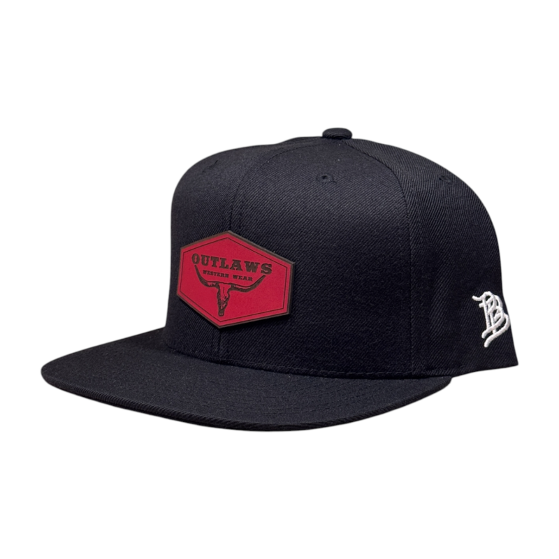 Outlaws Western Wear® Black Flat Bill Cap - Leather Red Patch Exclusive OBBLEA-32