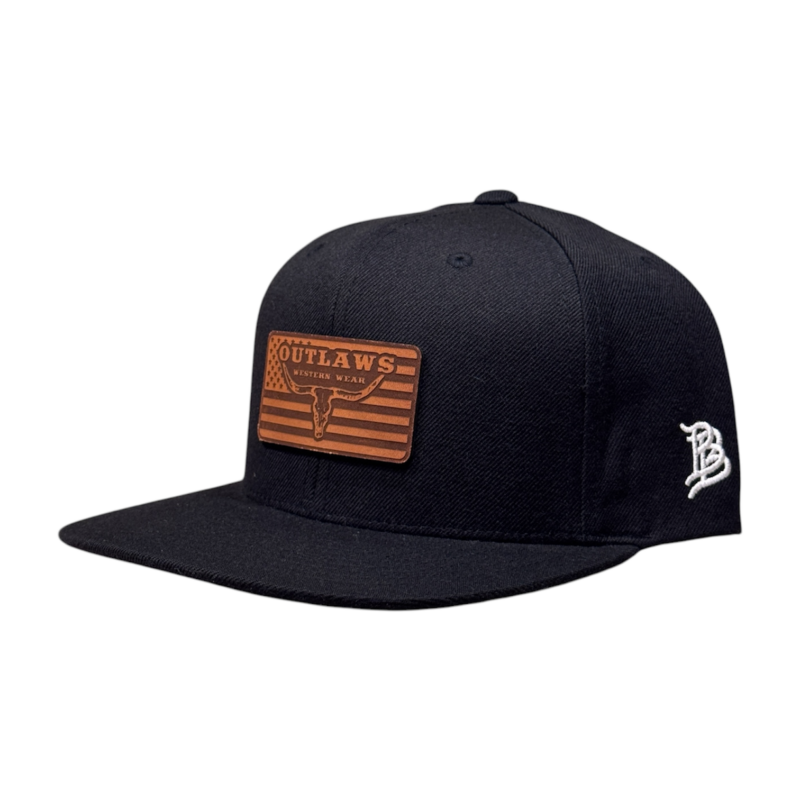 Outlaws Western Wear® Black Flat Bill Cap - Leather Natural U.S.A. Patch Exclusive OBBLEA-33