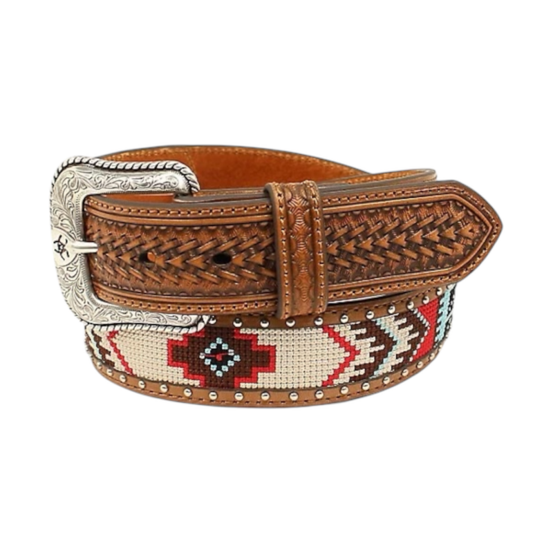 Men's Ariat Brown with Aztec and Studs Basketweave Western Belt A1033297