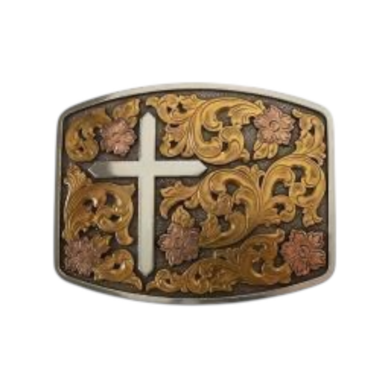 Nocona Rectangle Floral Cross Western Belt Buckle 37945