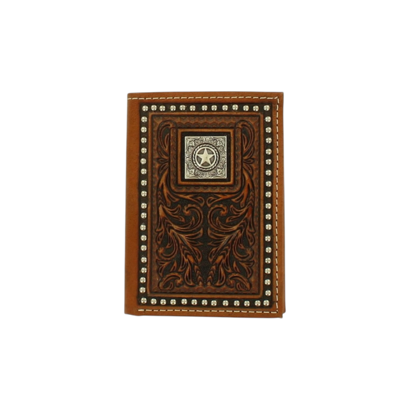 Nocona Brown Floral Tooled With Concho and Studded Edge Tri-Fold Western Wallet N5410502