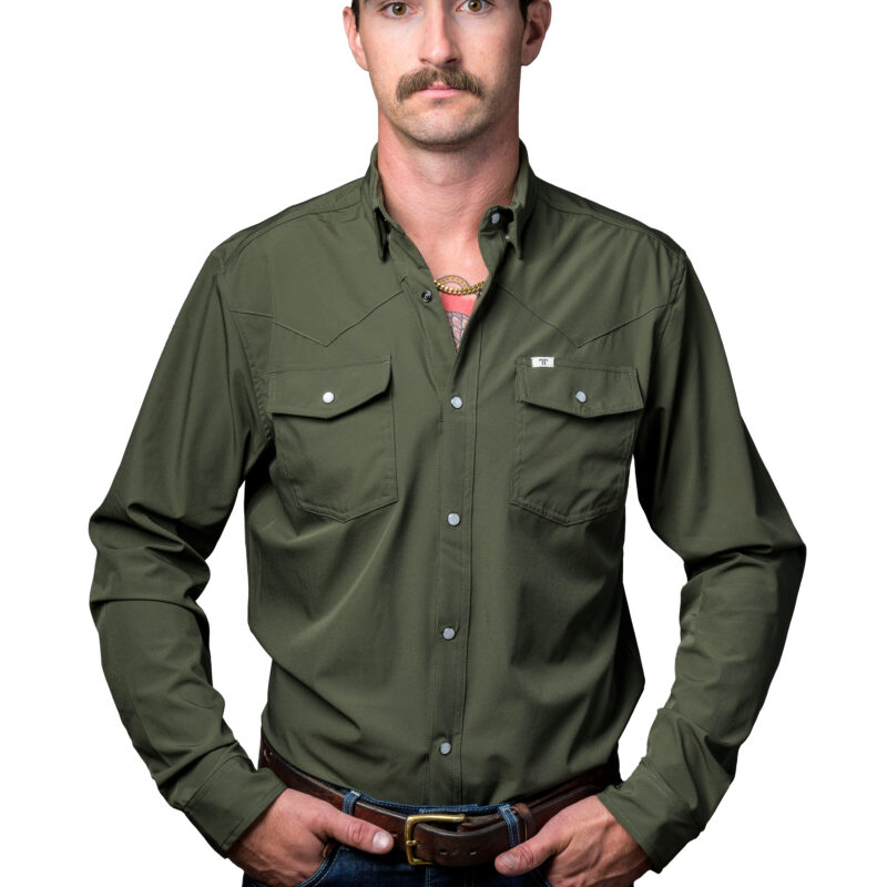 Men's Ferrell Brand Core Olive Green Long Sleeve Snap Shirt FSL1002332
