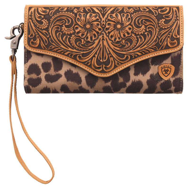 Women's Ariat Leopard Tooled Tan Leather Western Clutch Wallet A770001908