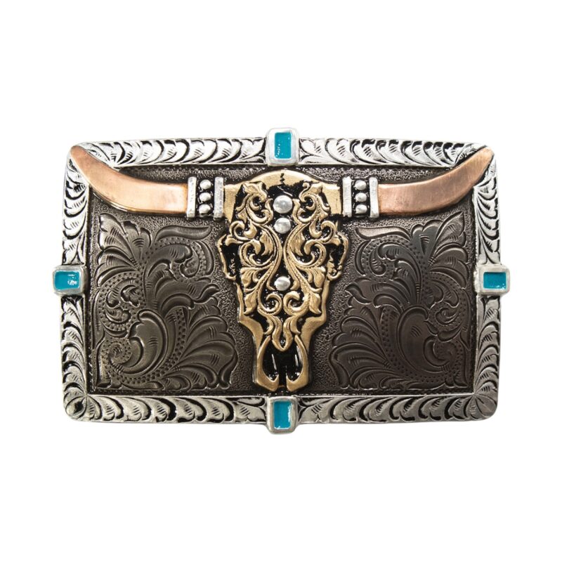 Crumbing Rectangle Cow Skull Turquoise Western Belt Buckle C10012