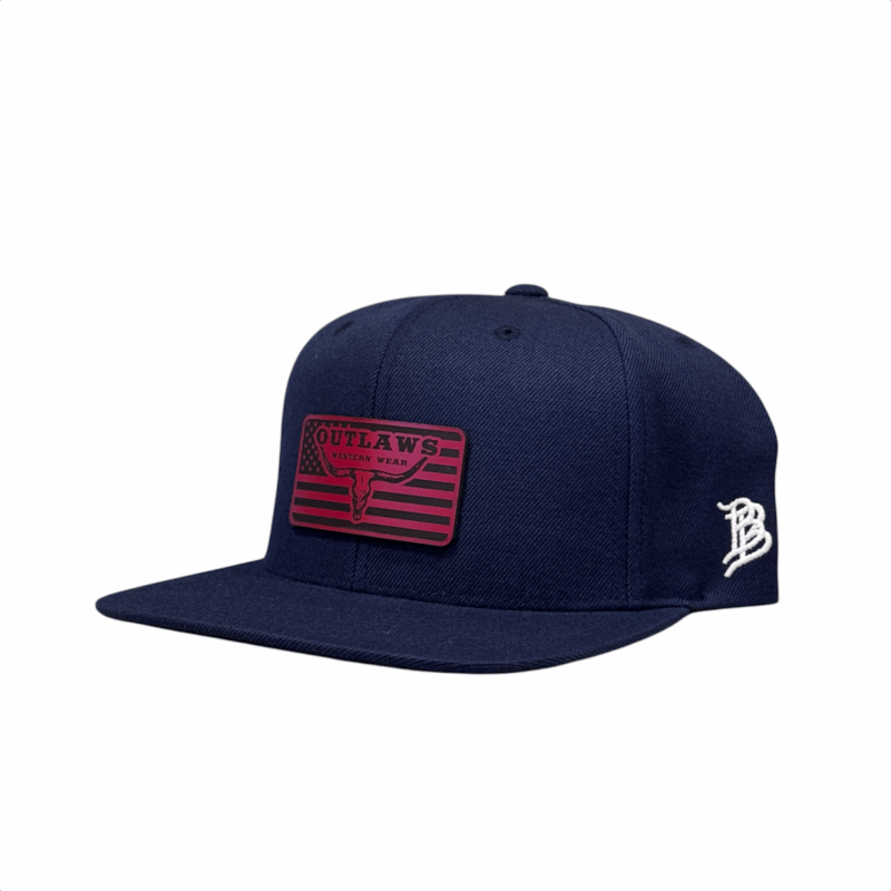 Outlaws Western Wear® Navy Flat Bill Cap - Leather Red U.S.A. Patch Exclusive OBBLEA-35