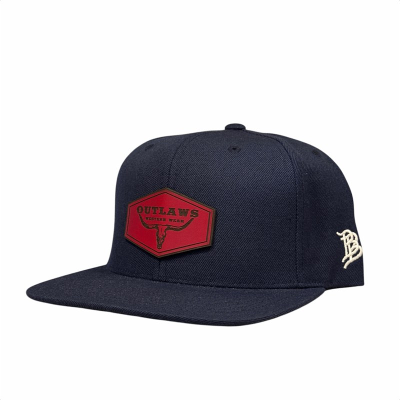 Outlaws Western Wear® Navy Flat Bill Cap - Leather Red Classic Patch Exclusive OBBLEA-36